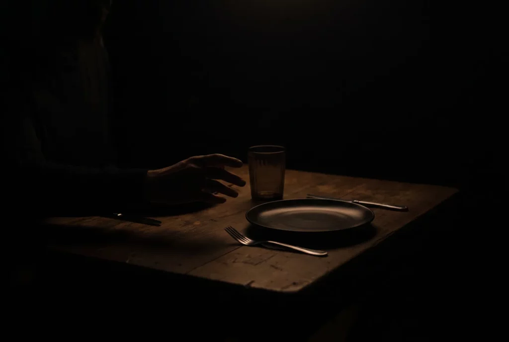 Assiette et couverts à peine visibles dans l'obscurité totale, sensation étrange d'un repas au restaurant Dans le Noir