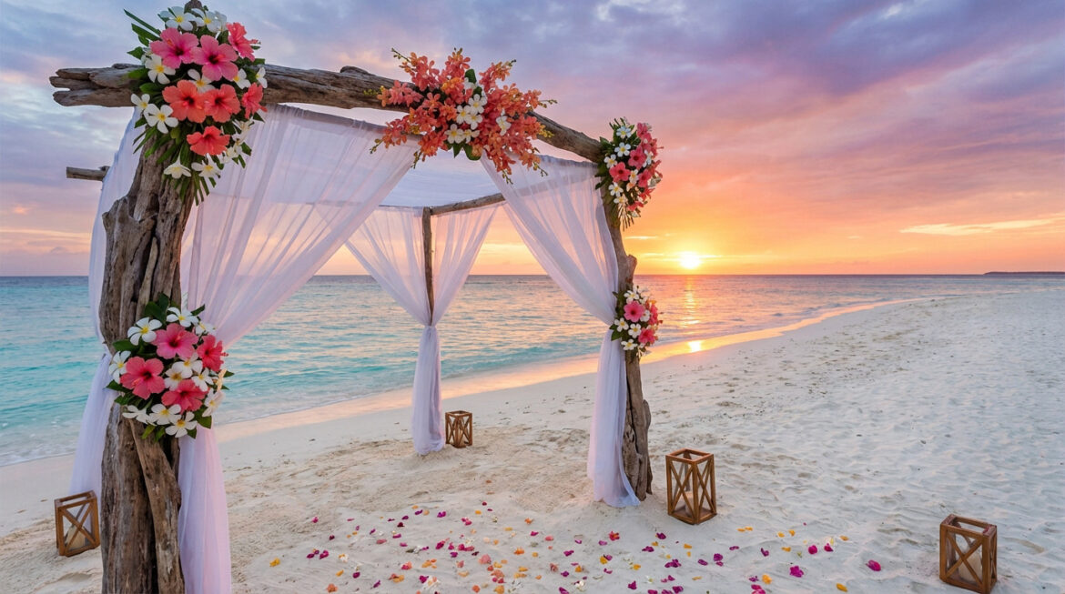 Une arche de mariage décorée de fleurs tropicales et de voiles blancs sur une plage de sable fin, au coucher du soleil avec un ciel orangé et rose.