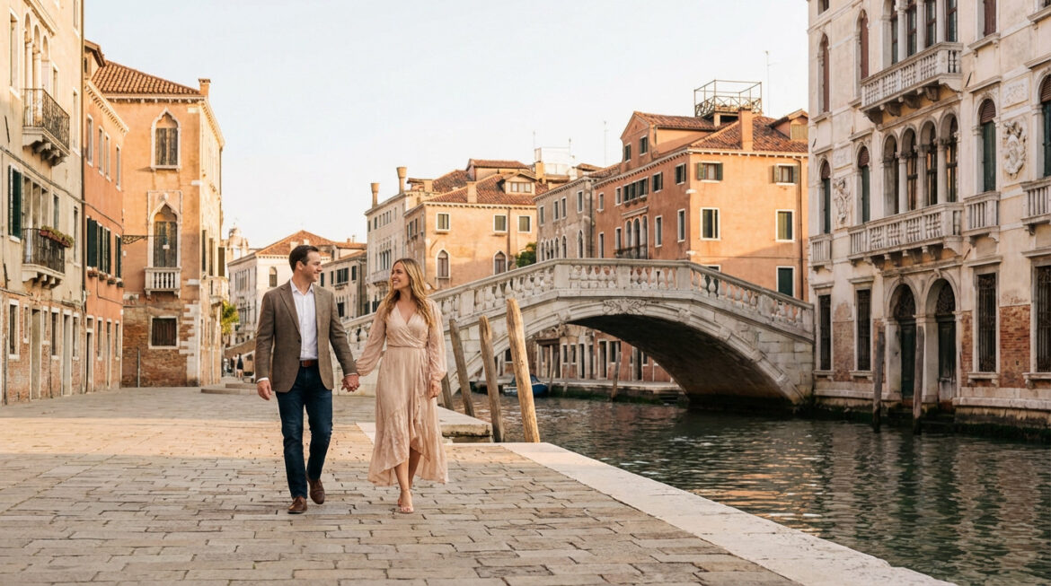Couple souriant marchant main dans la main sur une rue pavée le long d'un canal à Venise, avec des bâtiments historiques et un pont.