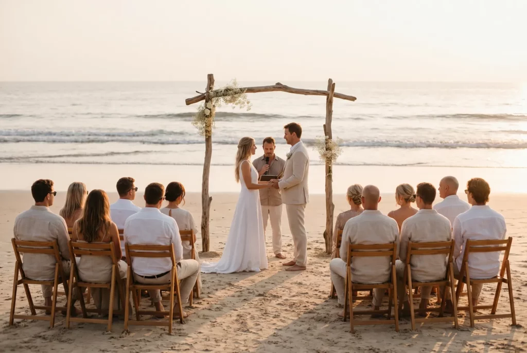 Cérémonie de mariage symbolique pieds nus sur une plage, avec officiant et quelques invités face à la mer