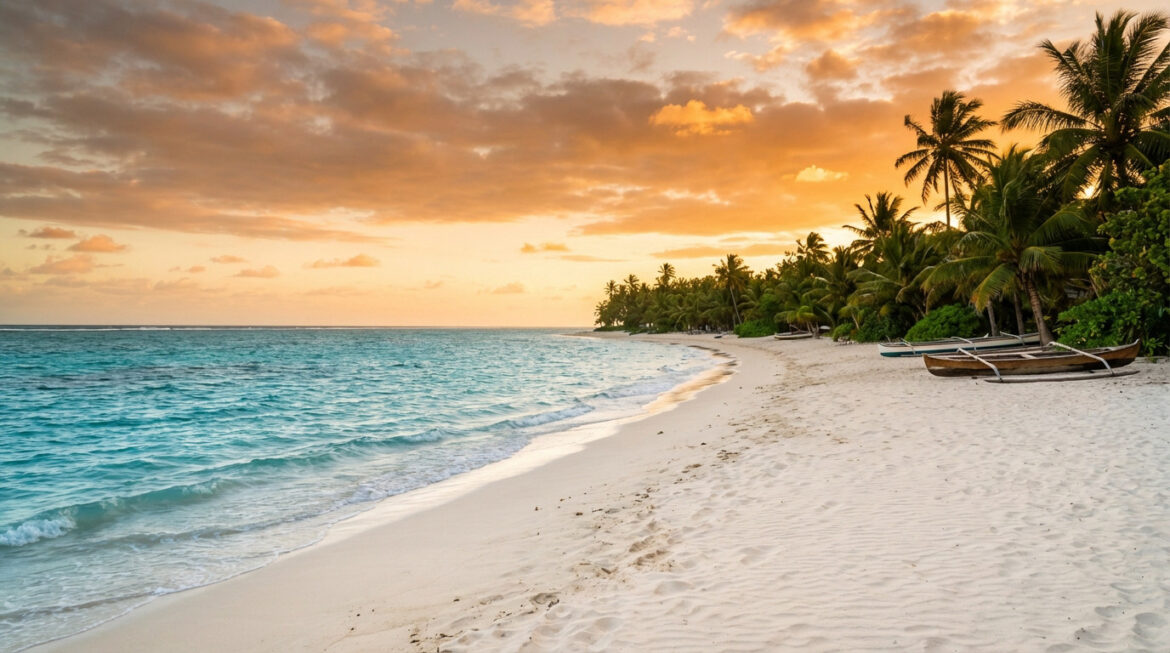 Plage de sable blanc à l'île Maurice au coucher du soleil, avec palmiers luxuriants, mer turquoise et pirogues.