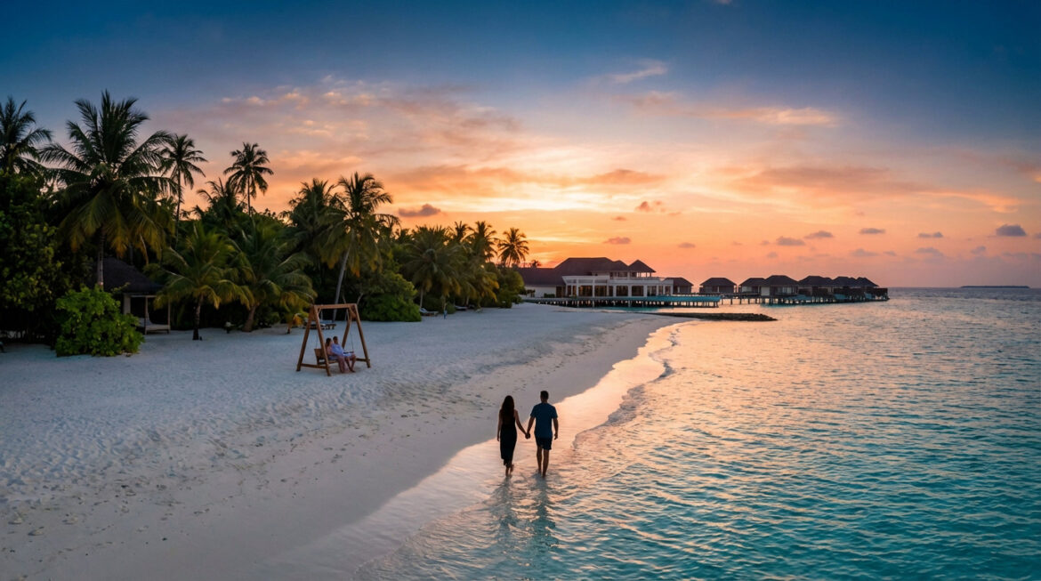 Un couple marche main dans la main sur une plage de sable fin au coucher du soleil, avec palmiers et bungalows sur pilotis.