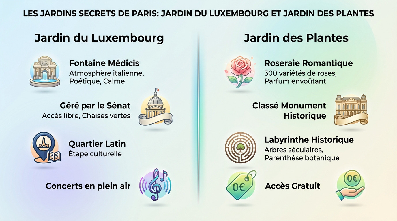 La fontaine Médicis au jardin du Luxembourg et la roseraie du Jardin des Plantes à Paris