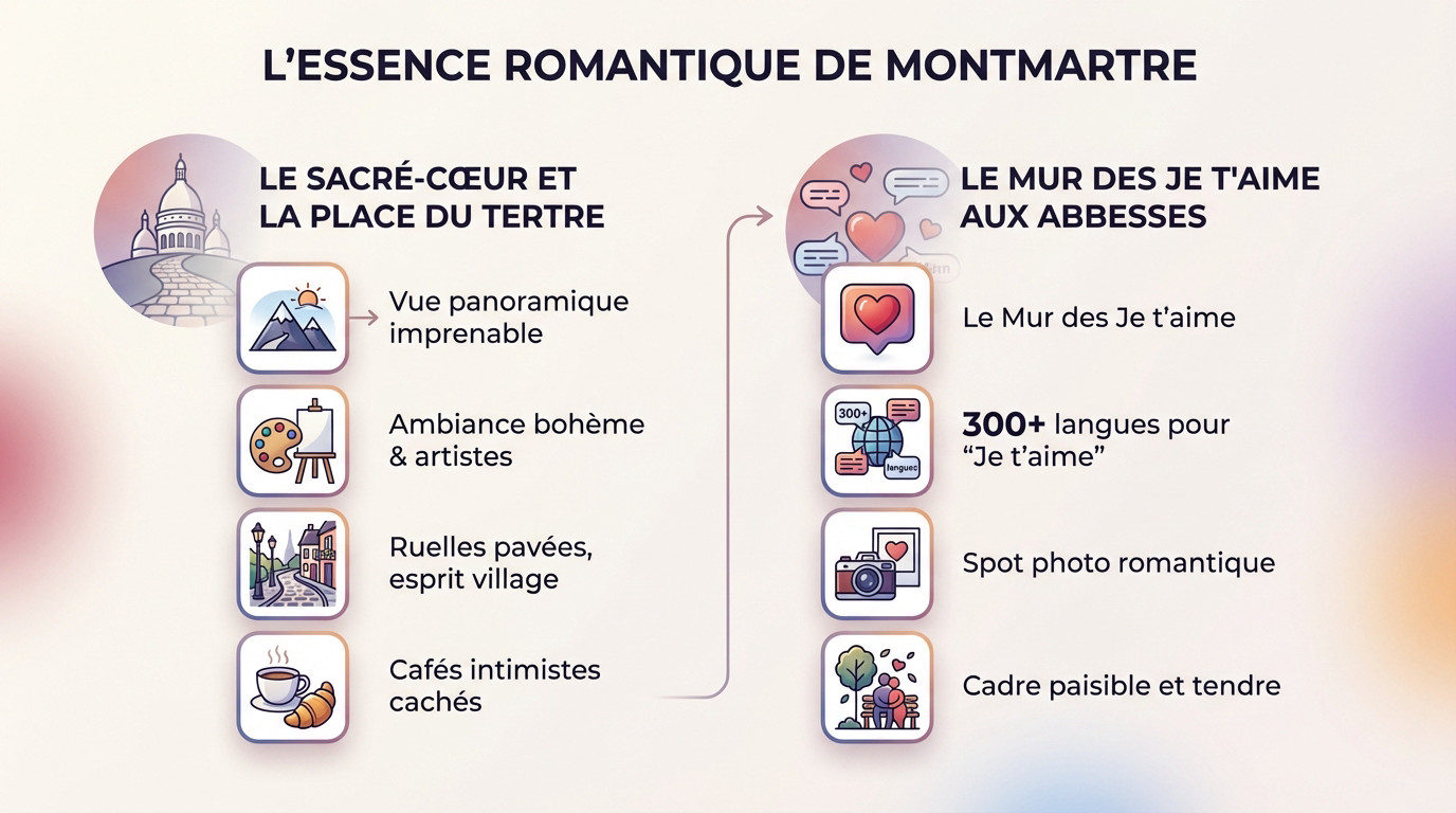 Ruelle pavée et romantique de Montmartre sous le soleil