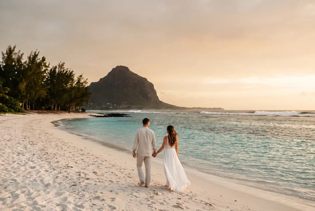 Jeunes mariés sur une plage de l'île Maurice, lagon turquoise et filaos, destination phare du mariage exotique