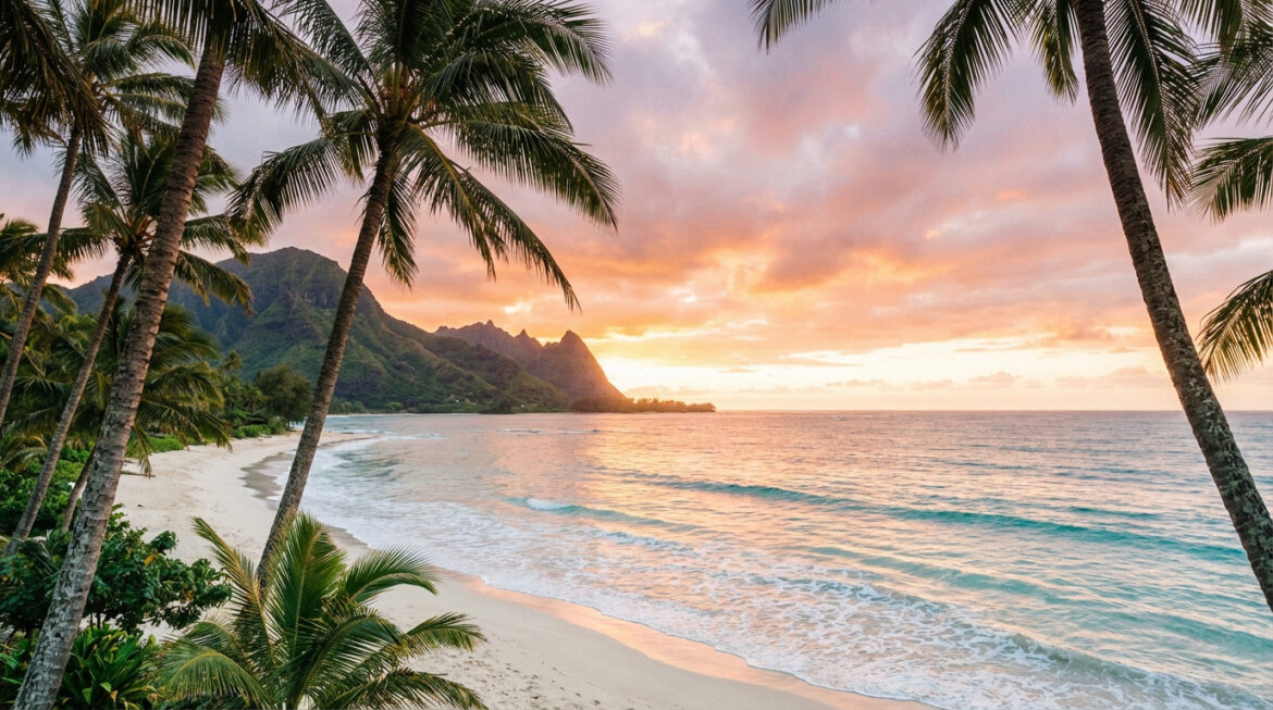 Vue panoramique d'une plage de sable blanc à Hawaii au coucher de soleil, avec des palmiers encadrant l'océan turquoise et des montagnes verdoyantes.