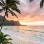 Vue panoramique d'une plage de sable blanc à Hawaii au coucher de soleil, avec des palmiers encadrant l'océan turquoise et des montagnes verdoyantes.