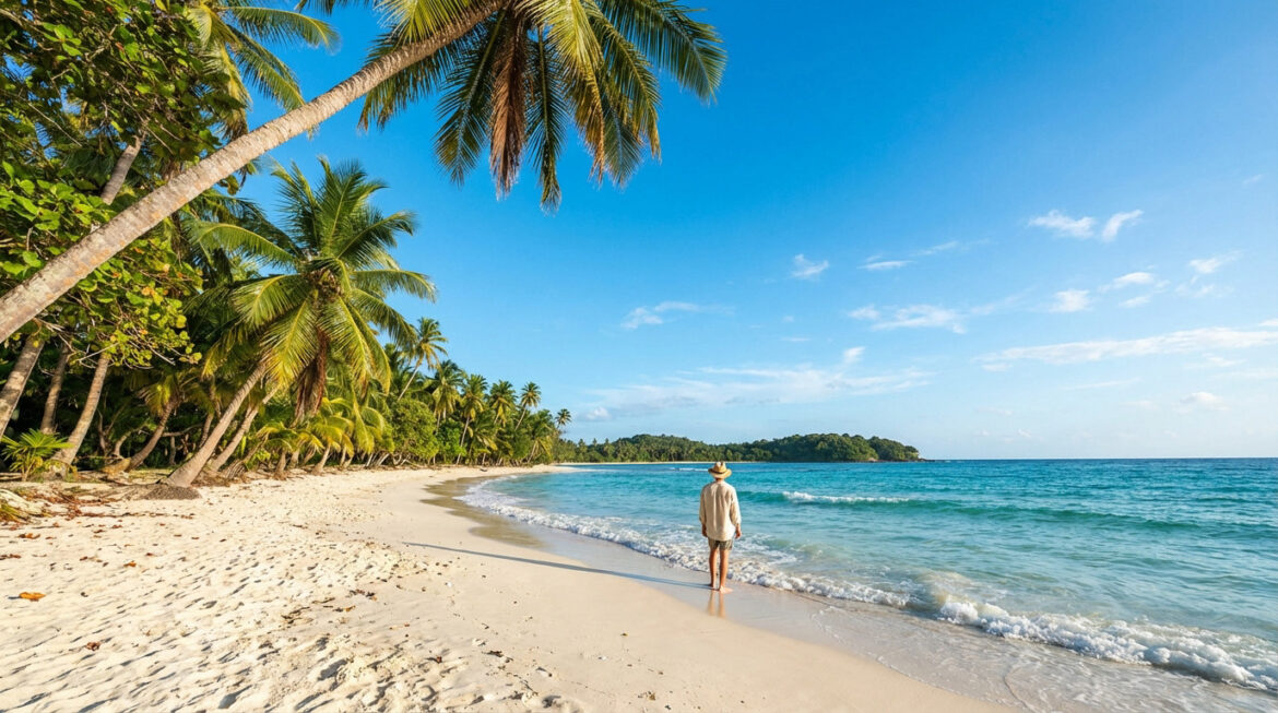 Un homme observe l'océan turquoise d'une plage de sable blanc ombragée par des palmiers, sous un ciel bleu dégagé, avec une île à l'horizon.