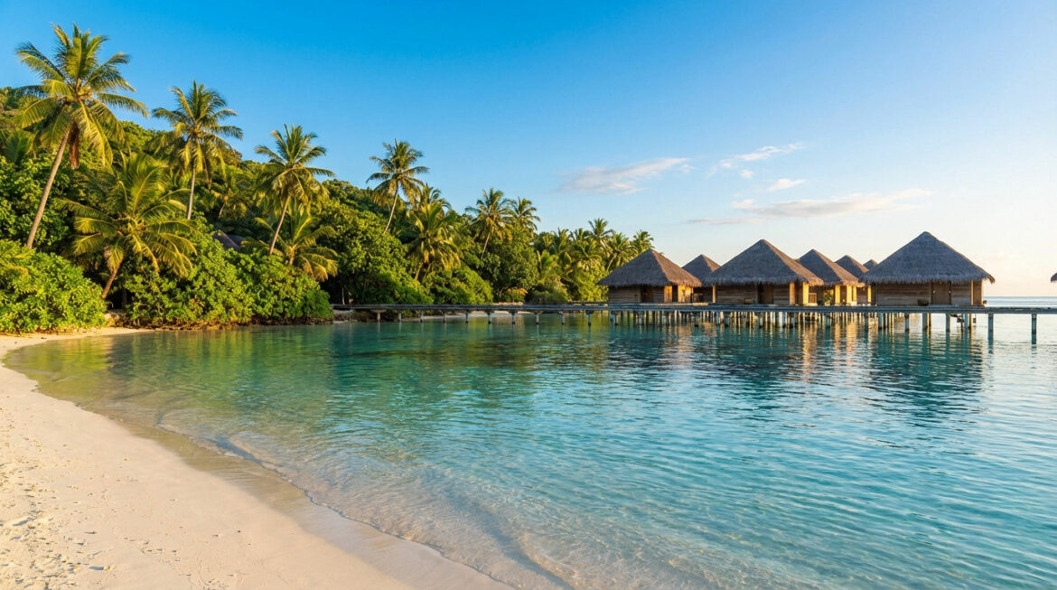 Vue panoramique sur une plage de sable blanc, un lagon turquoise, des palmiers luxuriants et des bungalows sur pilotis avec toits de chaume.