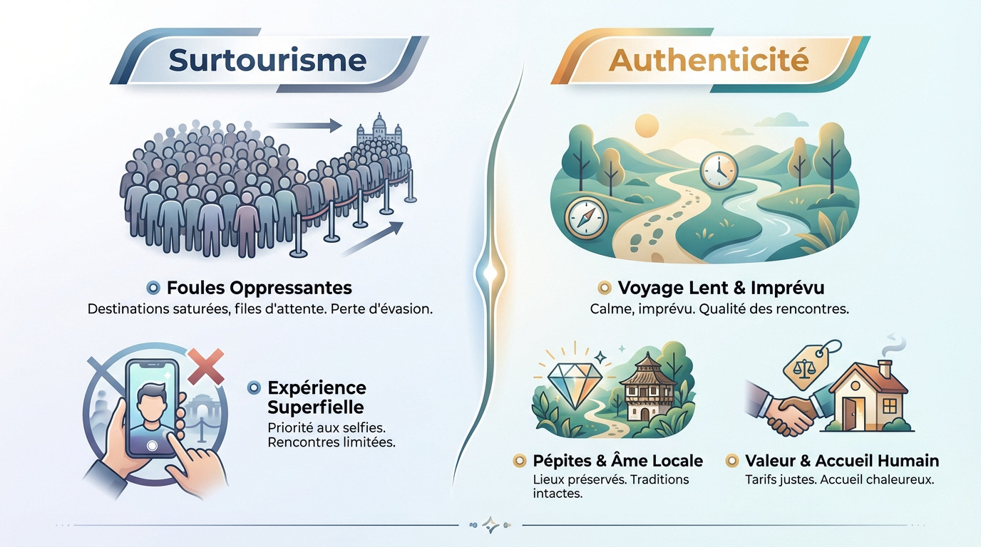 Comparaison entre l'agitation du surtourisme et la sérénité d'une destination authentique