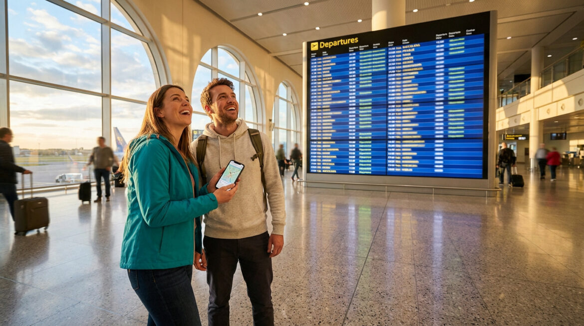Un couple souriant à l'aéroport, planifiant un voyage avec un smartphone devant le tableau des départs.