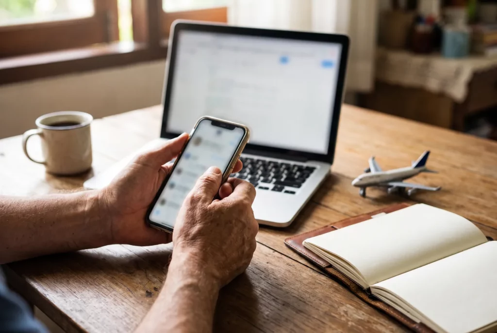 Voyageur belge qui surveille les alertes de prix sur son smartphone pour réserver un vol pas cher au bon moment