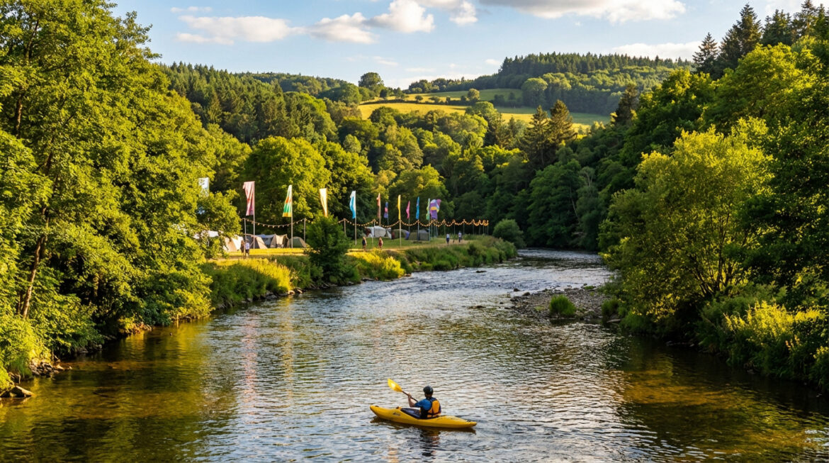 Un kayakiste sur une rivière sinueuse. Sur la rive droite, un campement avec tentes, drapeaux colorés et forêts verdoyantes.