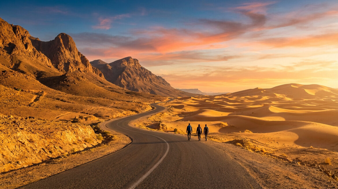 Trois personnes marchent sur une route désertique serpentant entre dunes de sable doré et montagnes rocheuses, sous un ciel de coucher de soleil.