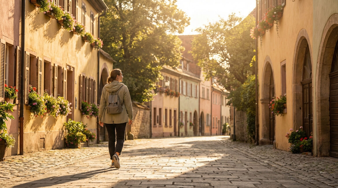 Femme en sac à dos marchant seule sur une rue pavée bordée de maisons colorées et fleuries sous un soleil doux en Europe. Voyage solo.