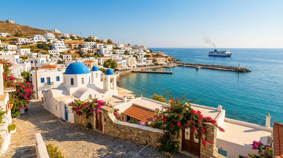 Vue d'un village grec typique avec des maisons blanches en terrasses, des églises aux dômes bleus, et un port sur la mer Égée. Un ferry est visible au loin sous un ciel azur.