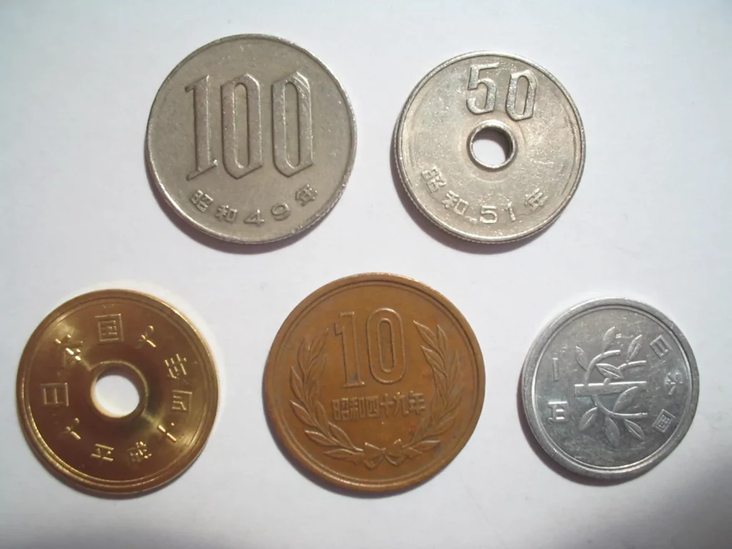 Pièces japonaises de 1, 5, 10, 50 et 100 yens, la petite monnaie à prévoir pour gérer son budget de voyage au Japon