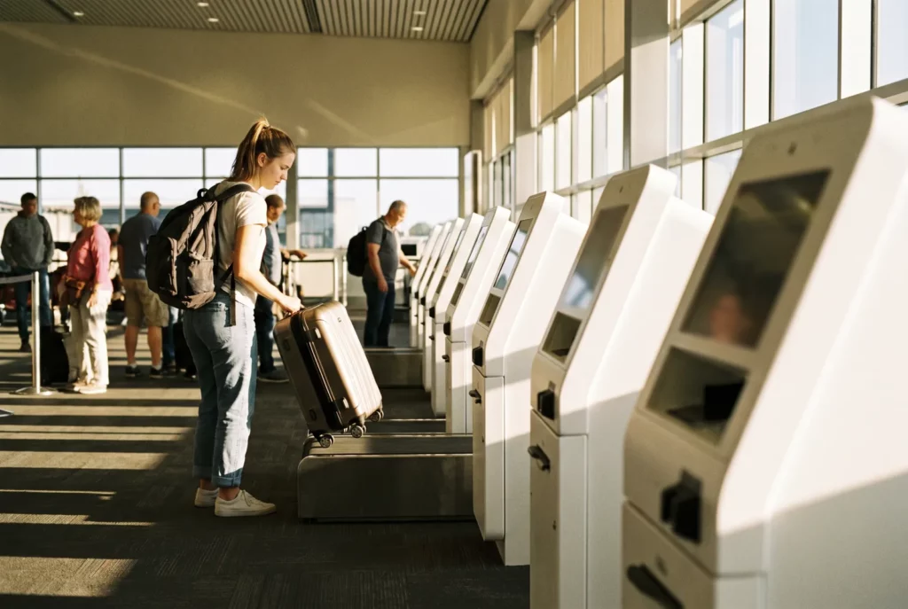 Voyageuse déposant sa valise sur une borne de dépôt bagages automatique à l'aéroport de Charleroi