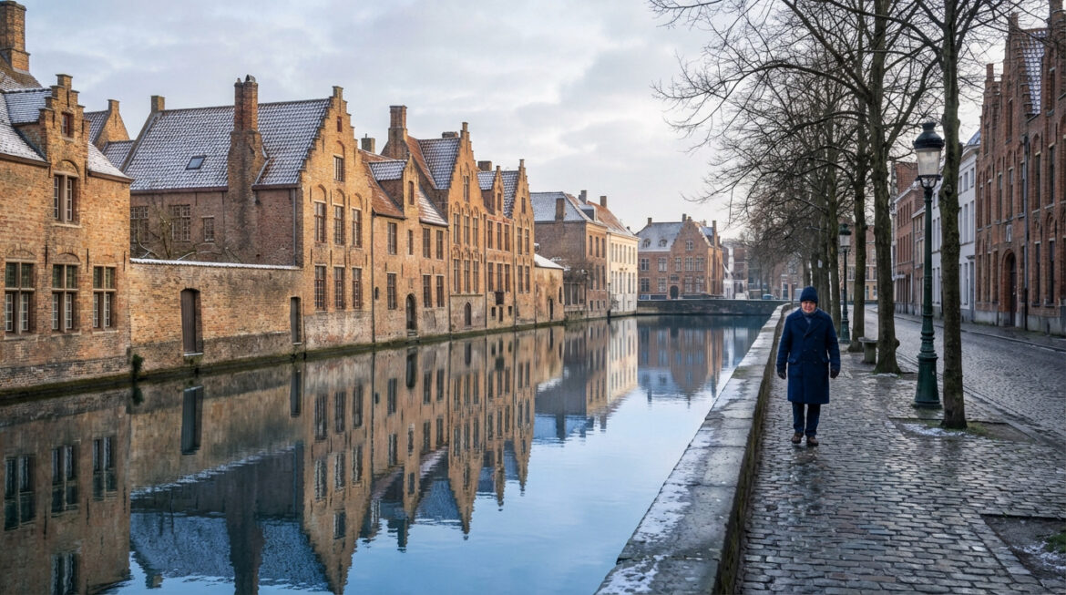 Un homme marche sur un chemin pavé le long d'un canal calme à Bruges en hiver. Des bâtiments flamands en brique et des arbres dénudés reflètent sur l'eau.
