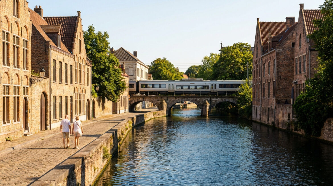 Vue d'un canal ensoleillé de Bruges avec un couple marchant. Un train traverse un pont en pierre entouré de bâtiments historiques en briques.