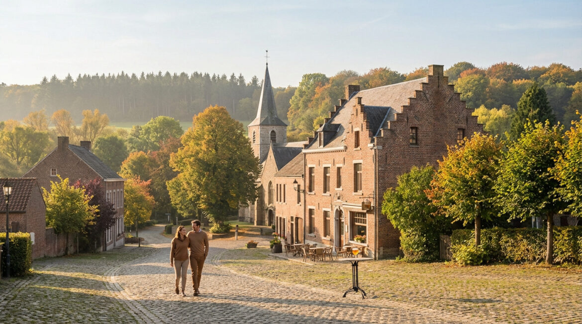 Couple se promenant sur une rue pavée dans un village belge pittoresque en automne, avec église et maisons traditionnelles.
