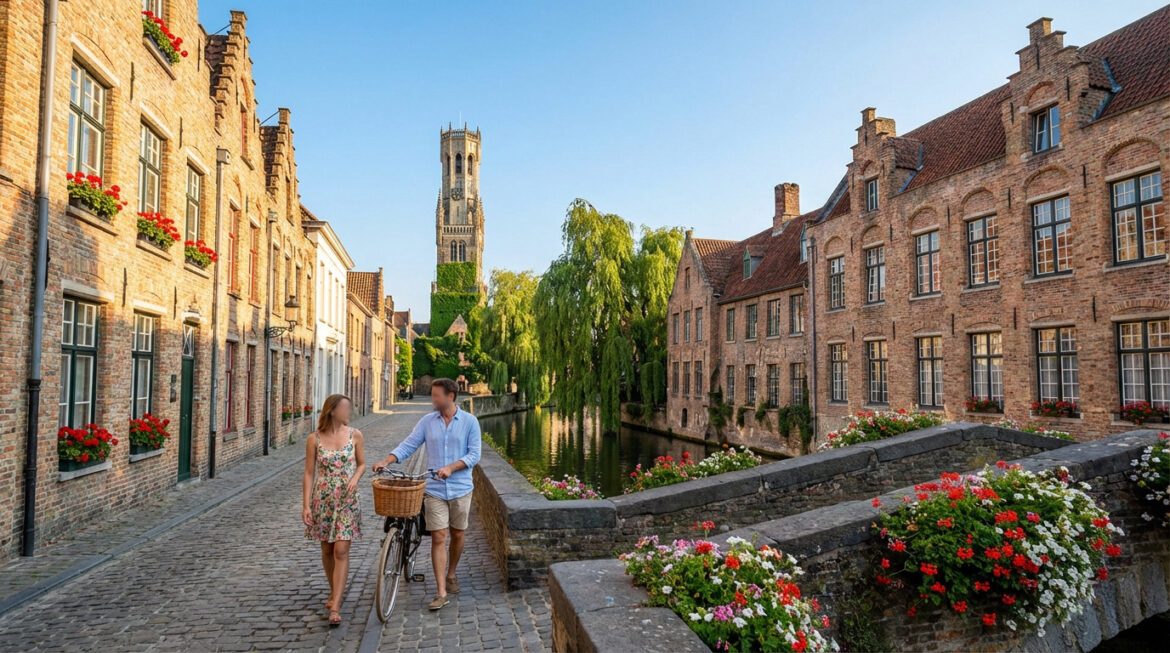 Couple à vélo dans une rue pavée de Bruges, bordée de maisons en briques fleuries, canal et beffroi au loin sous ciel bleu.