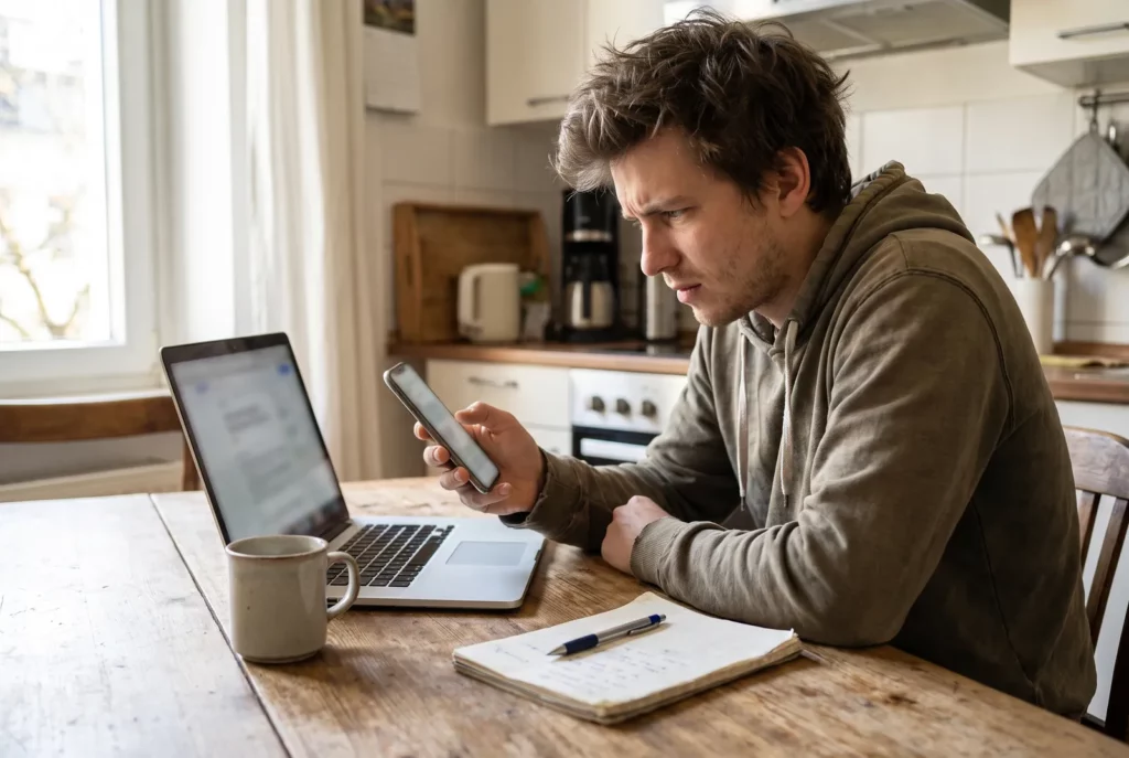 Voyageur comparant des prix de vols sur ordinateur et smartphone avant de choisir le meilleur comparateur de vol