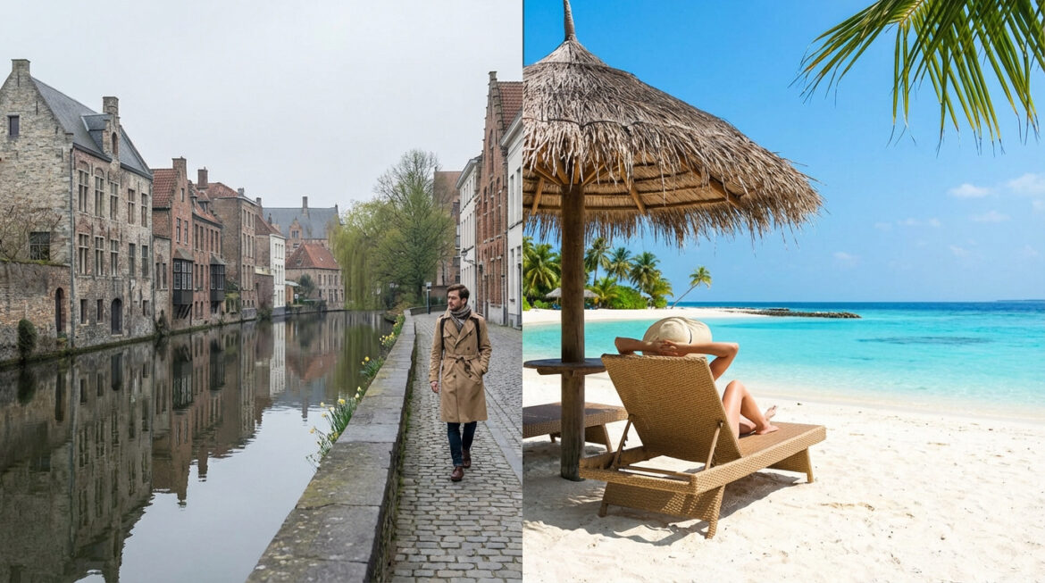 Image divisée : à gauche, un homme marche le long d'un canal à Bruges. À droite, une personne se détend sur une plage tropicale ensoleillée.