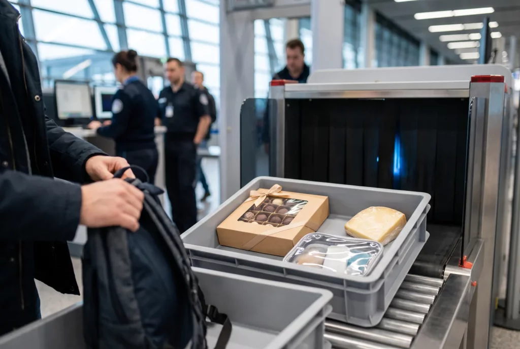 Bac de contrôle avec chocolats belges et fromage passant aux rayons X à l'aéroport de Charleroi