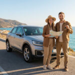 Couple souriant avec une carte et des clés de voiture devant un SUV gris sur une route côtière ensoleillée.