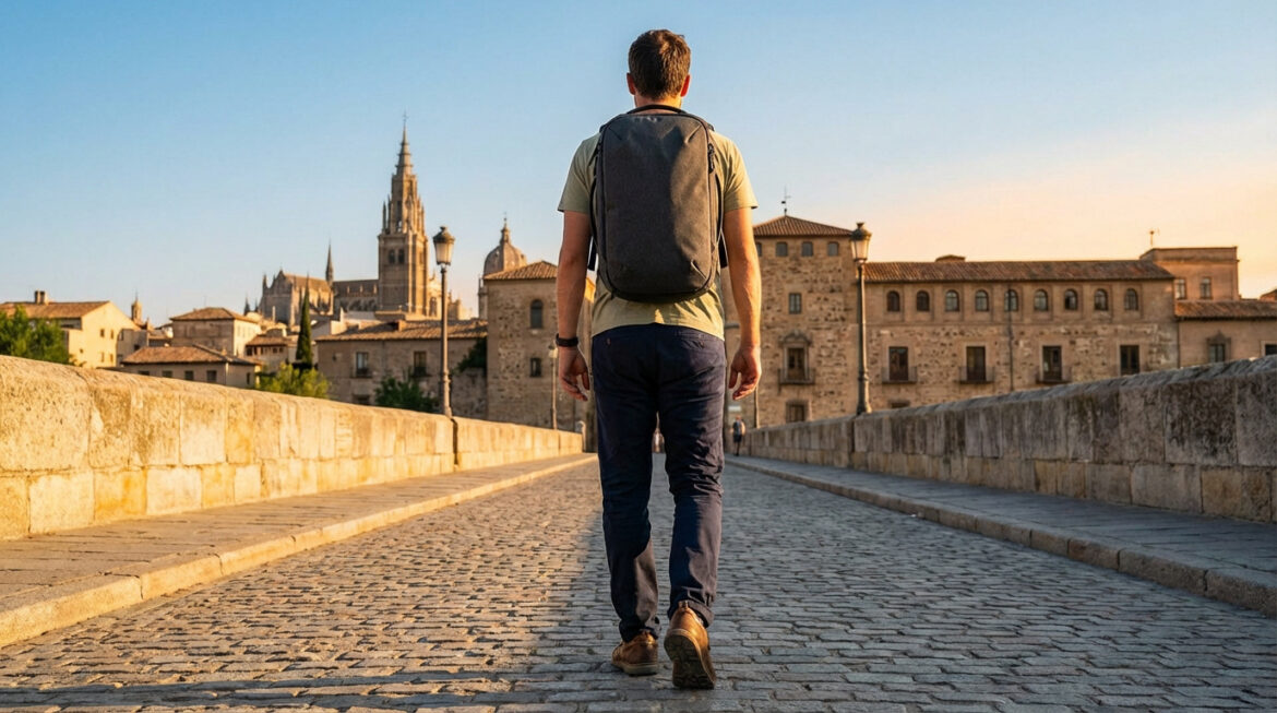 Homme avec sac à dos, marchant sur un pont pavé vers une ville historique avec cathédrale sous ciel clair.