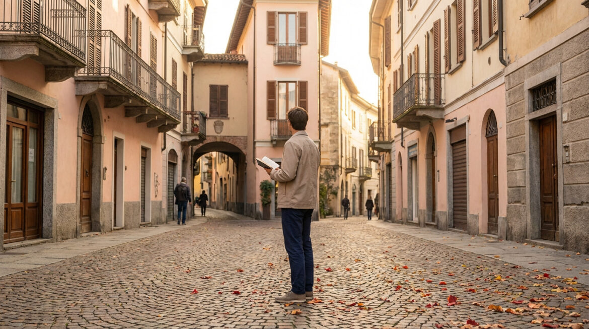 Homme lisant un livre dans une rue pavée étroite d'une vieille ville européenne, bâtiments pastel, volets en bois, feuilles d'automne.