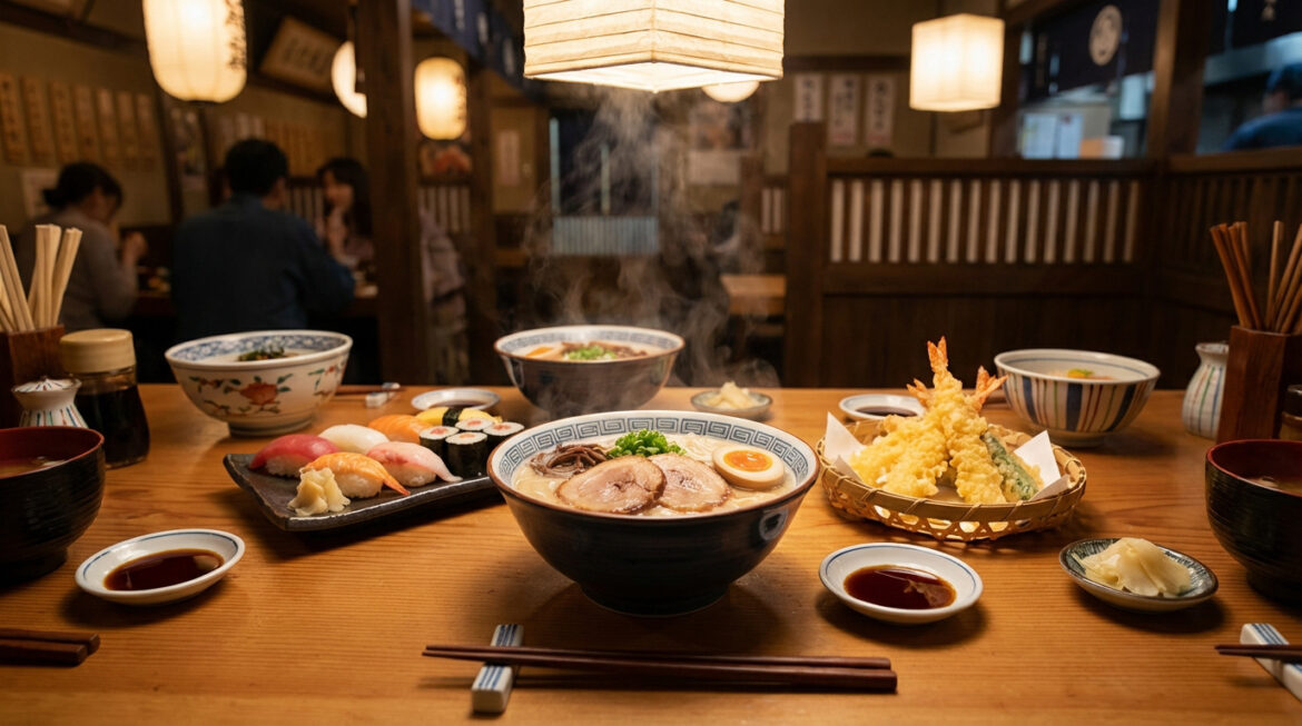 Table garnie de ramen fumant, sushi, tempura, et autres spécialités japonaises dans un restaurant traditionnel.