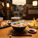 Table garnie de ramen fumant, sushi, tempura, et autres spécialités japonaises dans un restaurant traditionnel.