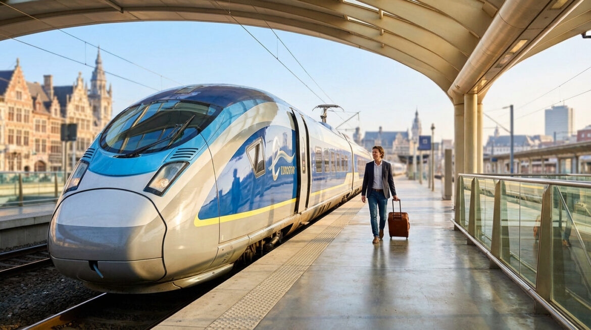 Un Eurostar bleu et argenté à quai dans une gare. Un homme en costume marche avec sa valise, bâtiments anciens en arrière-plan.