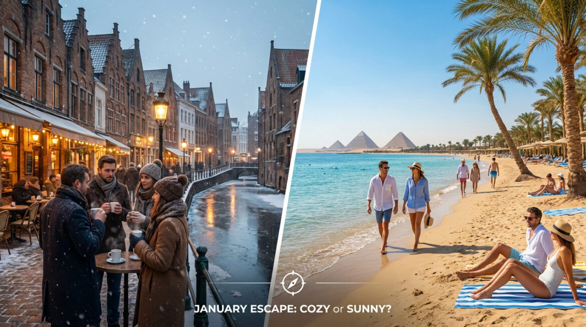 Image divisée : une rue enneigée en Belgique avec des personnes buvant des boissons chaudes, et une plage ensoleillée en Égypte avec les pyramides.