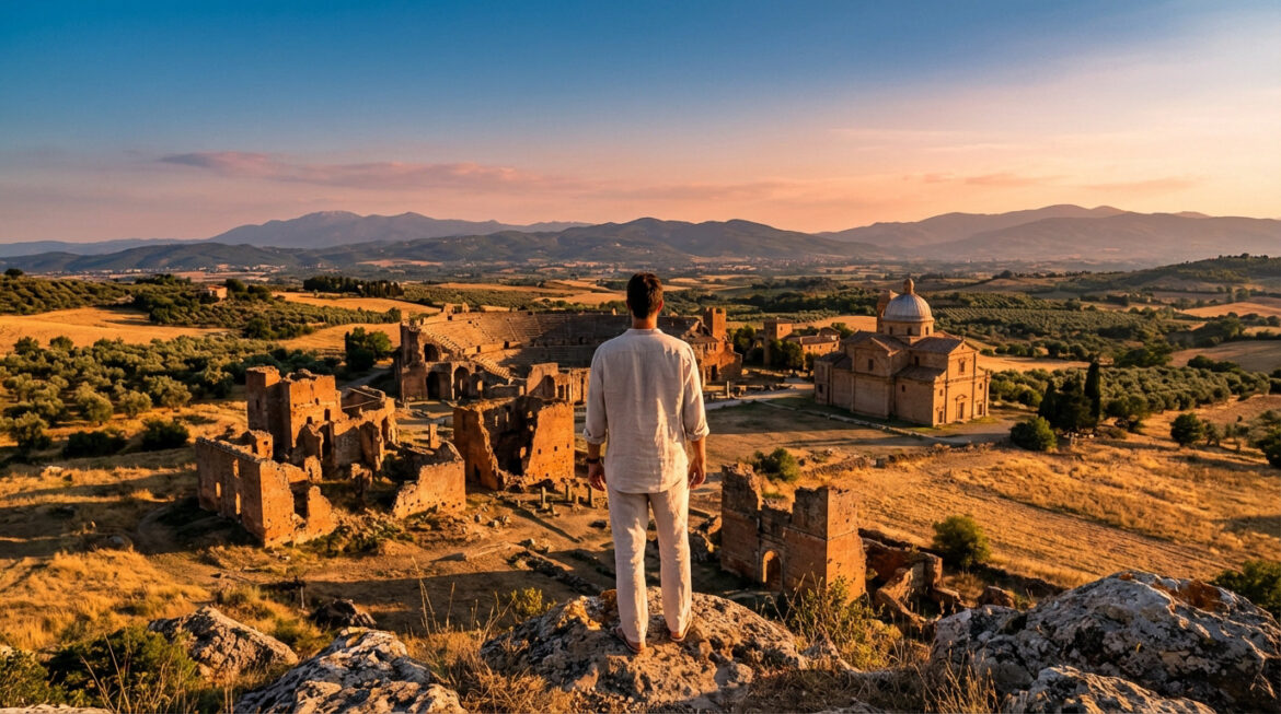 Un homme de dos observe un paysage italien vallonné avec ruines antiques, un amphithéâtre et une église, au coucher du soleil.