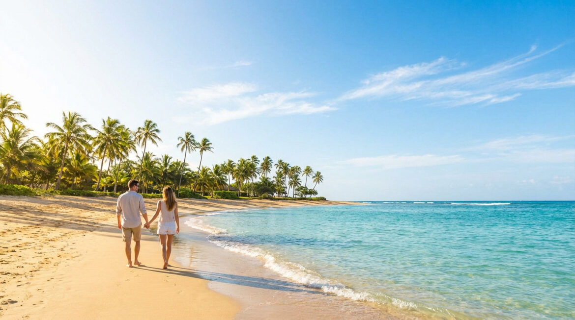 Couple marchant main dans la main sur une plage de sable fin, bordée de palmiers et d'une mer turquoise sous un ciel bleu éclatant.