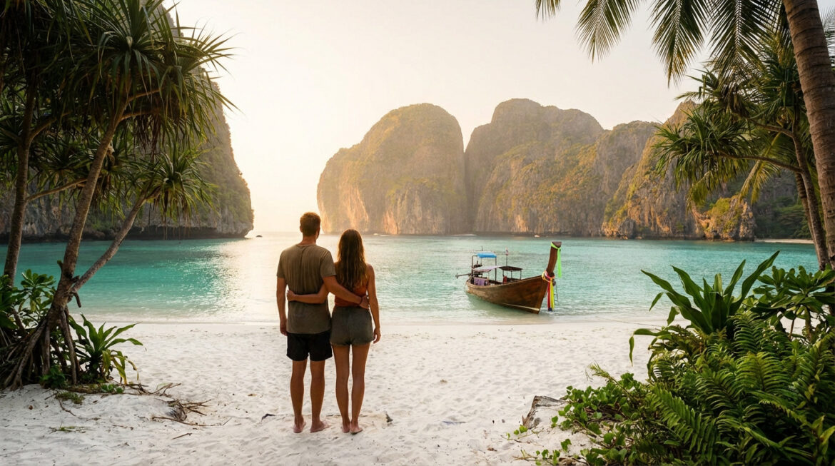 Un couple admire un coucher de soleil sur une plage thaïlandaise avec des falaises majestueuses, un bateau longtail et des palmiers.