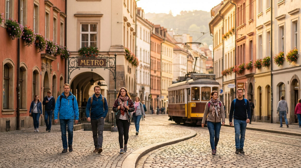 Rue pavée animée en Europe avec des piétons, des bâtiments colorés, un tram ancien et une enseigne "METRO".