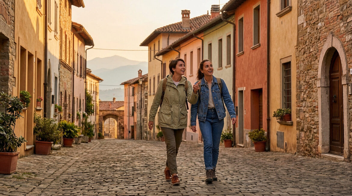 Deux amies souriantes explorent une ruelle pavée bordée de maisons colorées en Europe, sous un ciel doré et montagnes lointaines.