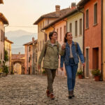 Deux amies souriantes explorent une ruelle pavée bordée de maisons colorées en Europe, sous un ciel doré et montagnes lointaines.