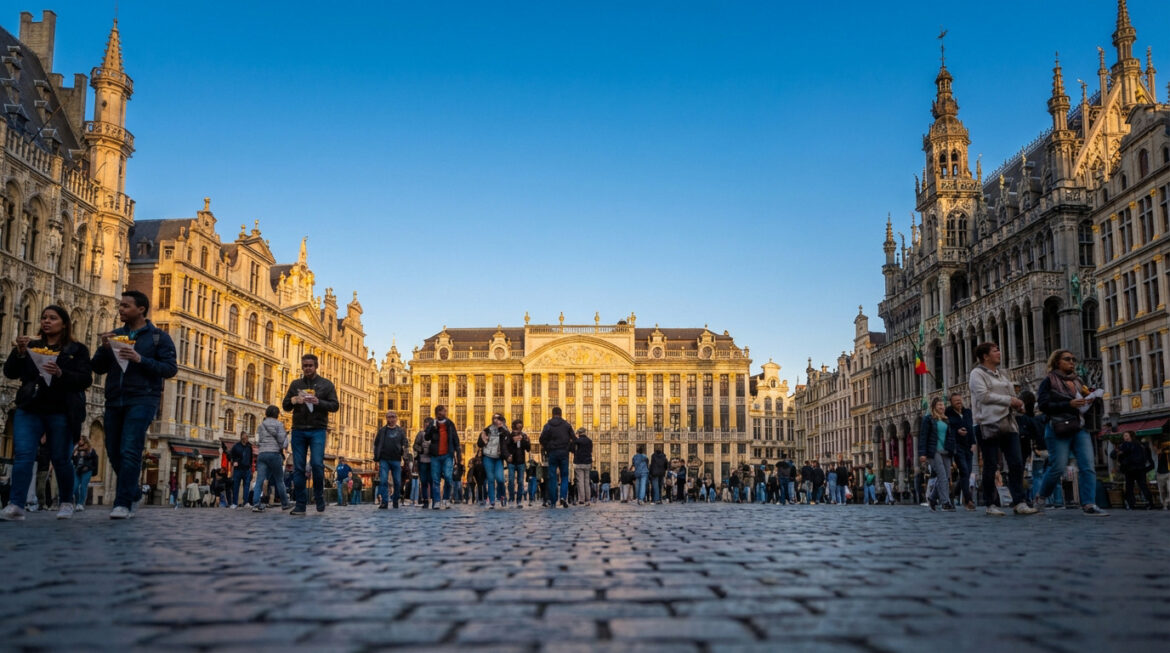 Vue de la Grand-Place de Bruxelles, avec des bâtiments historiques dorés sous un ciel bleu et des passants sur les pavés.
