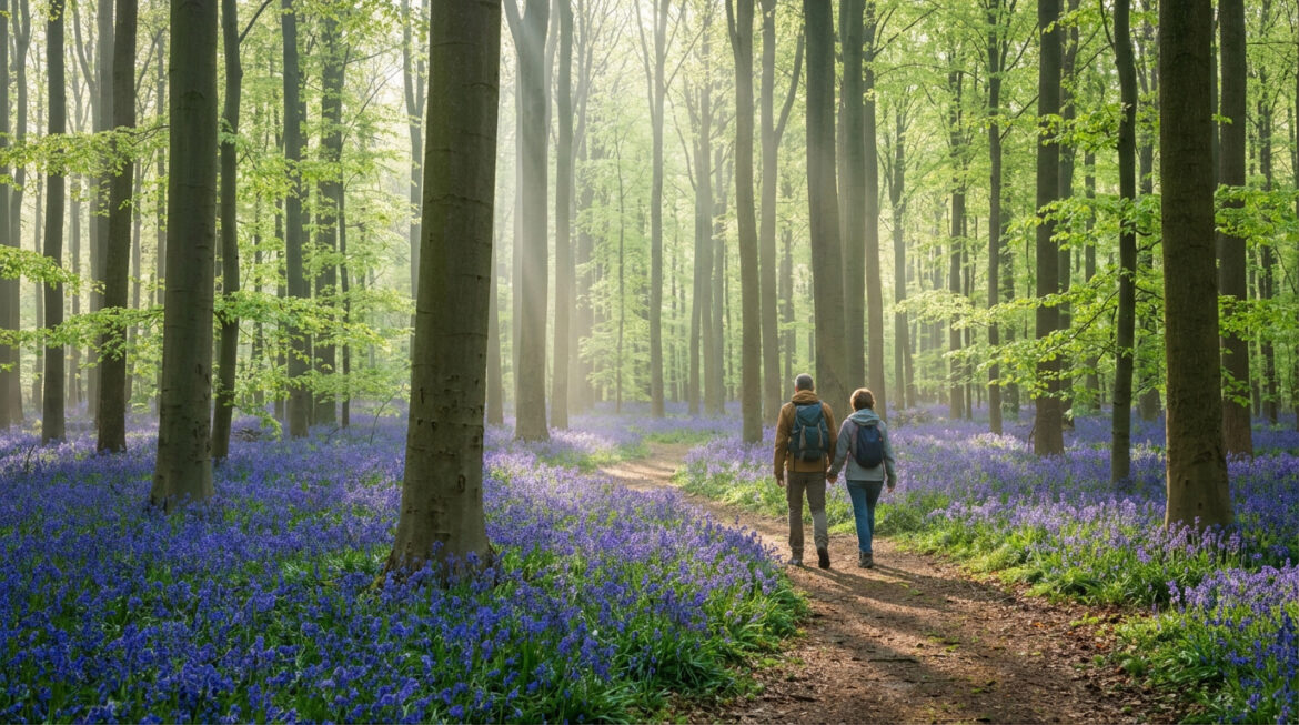 Un couple marche sur un chemin de terre à travers une forêt de hêtres baignée de soleil, couverte de jacinthes des bois bleues.