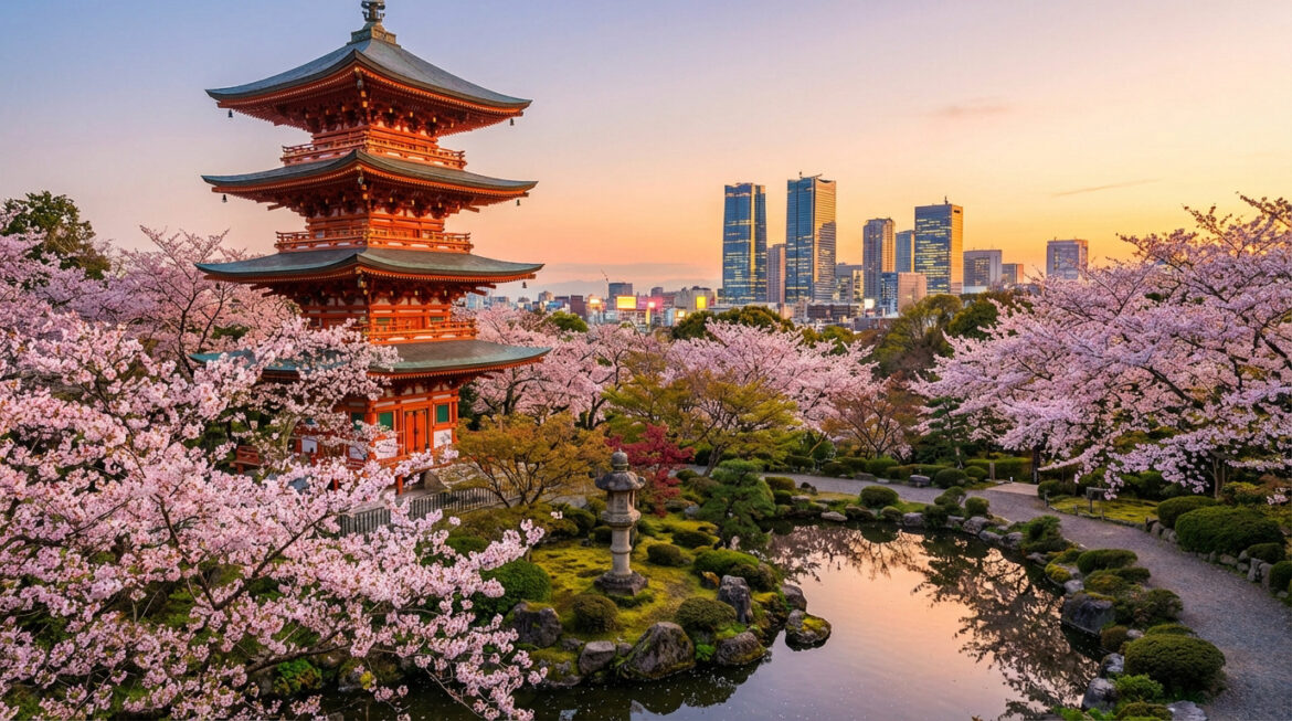 Vue d'une pagode traditionnelle rouge entourée de cerisiers en fleurs roses, avec un jardin aquatique et des gratte-ciel en arrière-plan au coucher du soleil.
