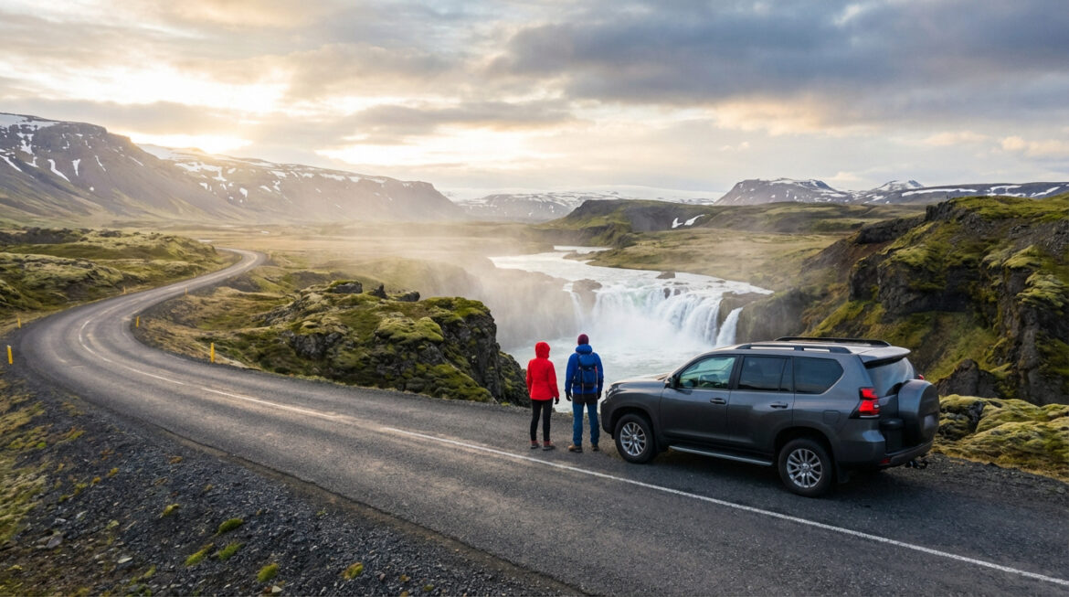 Un couple et leur SUV face à une cascade majestueuse en Islande. Route sinueuse, montagnes et ciel lumineux au crépuscule.