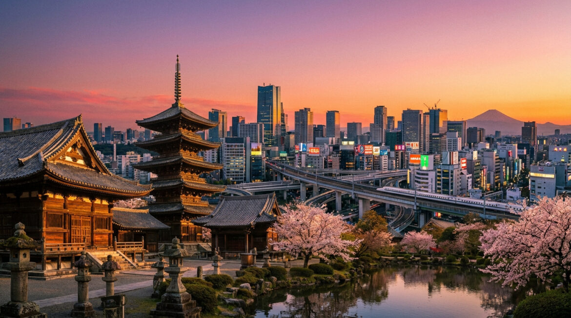 Vue d'une pagode japonaise et cerisiers en fleurs devant une ville moderne avec un Shinkansen et le Mont Fuji, au coucher du soleil.