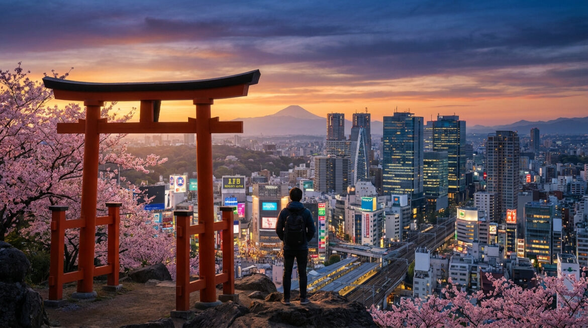 Vue panoramique du Japon au coucher du soleil. Un torii rouge et des cerisiers en fleurs encadrent un voyageur face à Tokyo et au Mont Fuji.