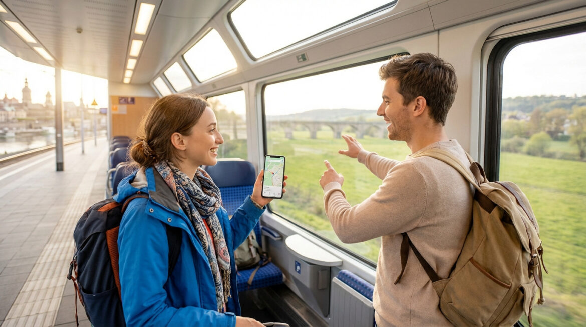 Couple souriant dans un train, regardant par la fenêtre. La femme tient un smartphone affichant une carte, l'homme pointe le paysage.