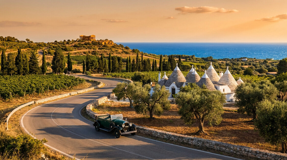 Paysage italien idyllique : trulli, vignobles et temple antique surplombant la mer, avec une voiture vintage sur la route.